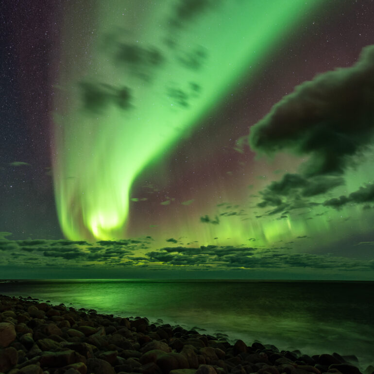Aurora Polarlicht am Unstad Beach Vestvagoya Lofoten