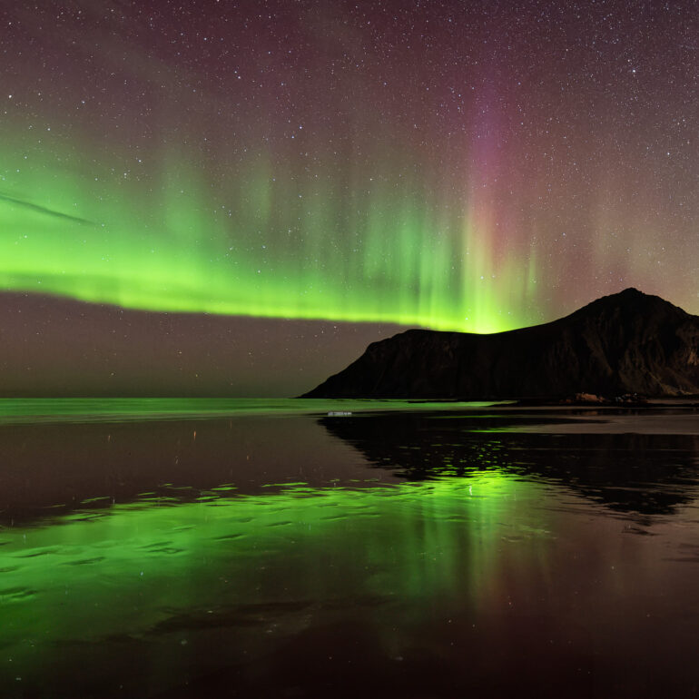 Aurora borealis Polarlichter am Skagsanden Beach auf Flakstadoya Lofotends Norwegen