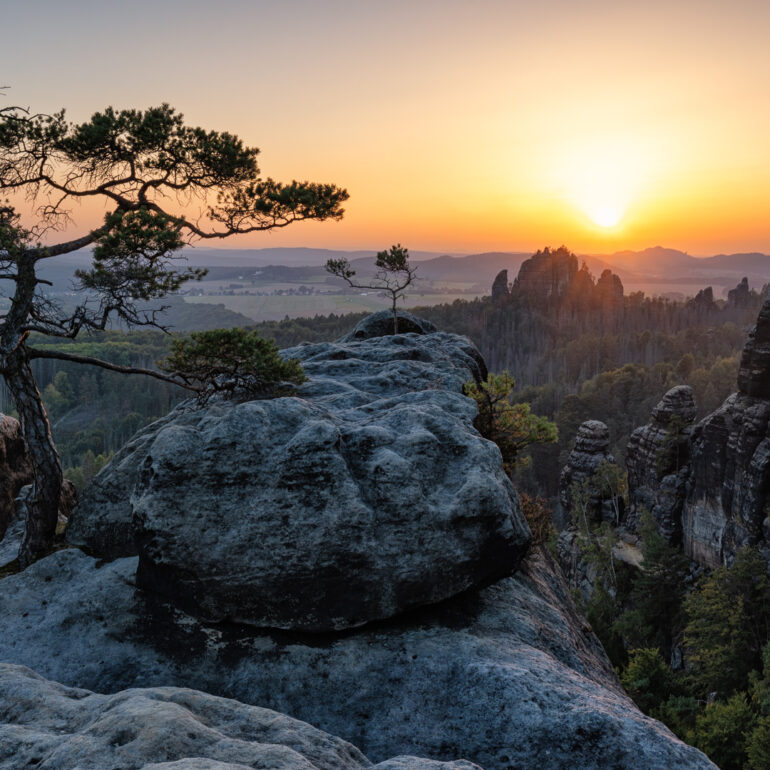 Lehnriff zum Sonnenuntergang in der Sächsischen Schweiz im Elbsandsteingebirge